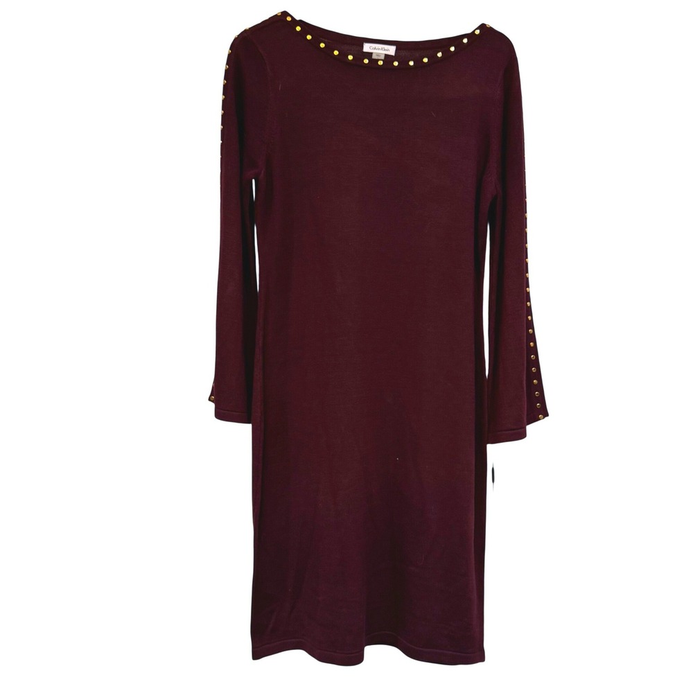 Calvin Klein Womens Aubergine Gold Studded Sweater Dress CD7W15CF L NWT